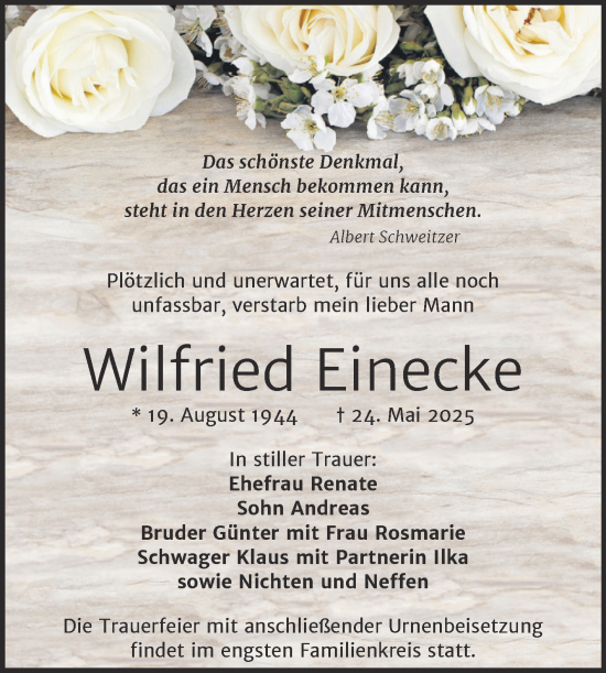 Traueranzeige von Wilfried Einecke von Mitteldeutsche Zeitung Halle/Saalkreis