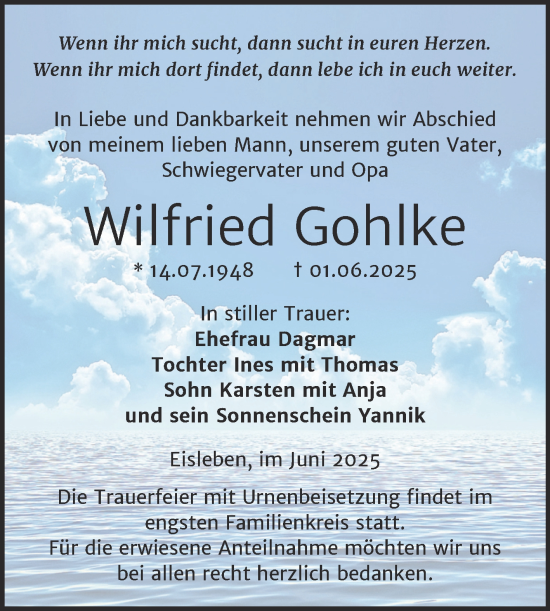 Traueranzeige von Wilfried Gohlke von Trauerkombi Mansfelder Land