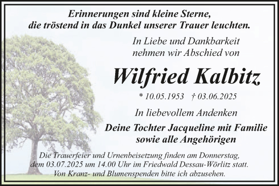Traueranzeige von Wilfried Kalbitz von Trauerkombi Dessau