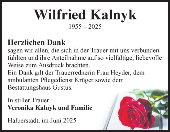 Traueranzeige von Wilfried Kalnyk von Volksstimme Halberstadt