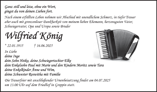 Traueranzeige von Wilfried König von Trauerkombi Bitterfeld