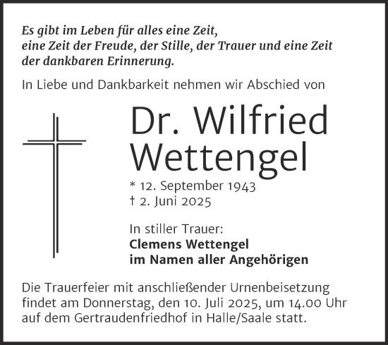 Traueranzeige von Wilfried Wettengel von Mitteldeutsche Zeitung Halle/Saalkreis