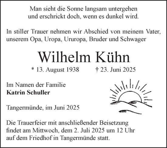 Traueranzeige von Wilhelm Kühn von Volksstimme Altmark Ost
