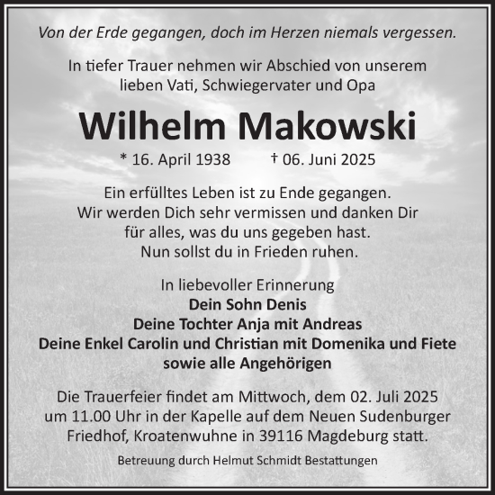 Traueranzeige von Wilhelm Makowski von Volksstimme Magdeburg