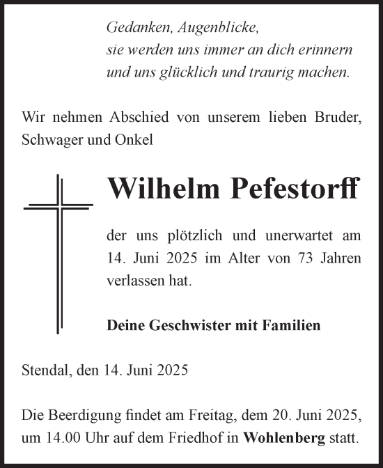 Traueranzeige von Wilhelm Pefestorff von Volksstimme Altmark Ost