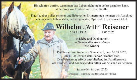 Traueranzeige von Wilhelm Reisener von Volksstimme Altmark West