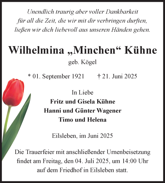 Traueranzeige von Wilhelmina Kühne von Volksstimme Haldensleben/Wolmirstedt