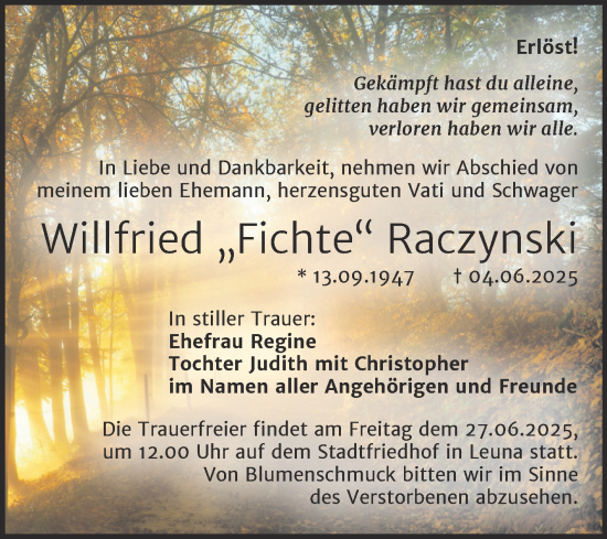 Traueranzeige von Willfried Raczynski von Trauerkombi Merseburg