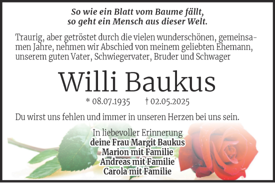 Traueranzeige von Willi Baukus von SuperSonntag Bitterfeld