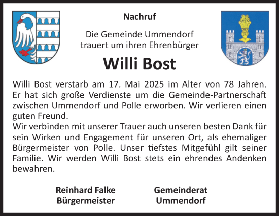 Traueranzeige von Willi Bost von Volksstimme Oschersleben/Wanzleben
