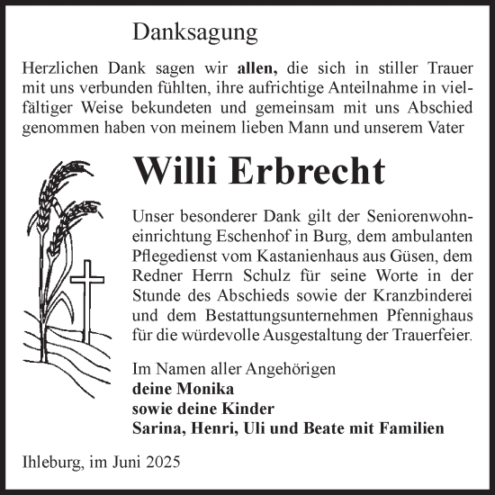 Traueranzeige von Willi Erbrecht von Volksstimme Burg/Genthin