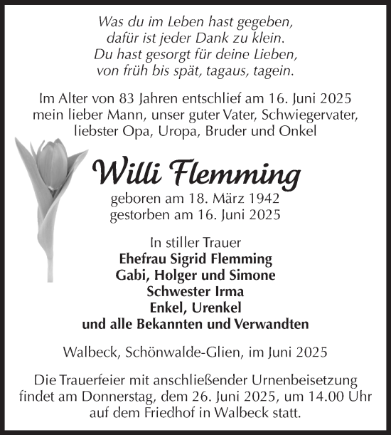 Traueranzeige von Willi Flemming von Volksstimme Haldensleben/Wolmirstedt