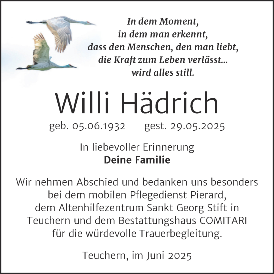 Traueranzeige von Willi Hädrich von Trauerkombi Weißenfels