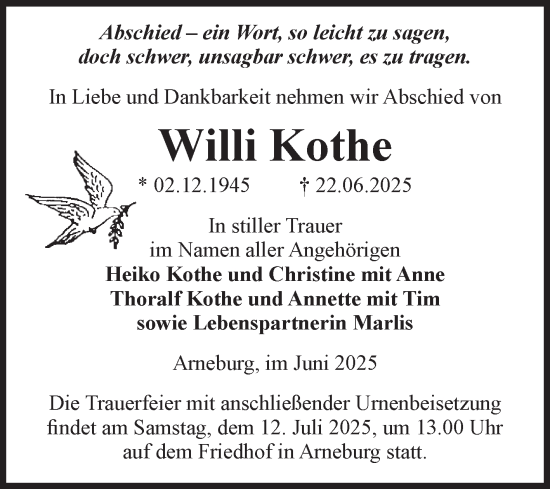 Traueranzeige von Willi Kothe von Volksstimme Altmark Ost