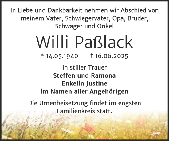 Traueranzeige von Willi Paßlack von Trauerkombi Bernburg