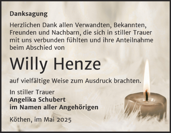 Traueranzeige von Willy Henze von Trauerkombi Köthen