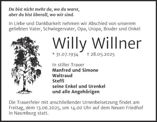 Traueranzeige von Willy Willner von Naumburger Tageblatt