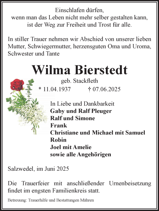 Traueranzeige von Wilma Bierstedt von Volksstimme Altmark West