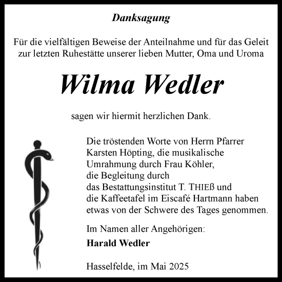 Traueranzeige von Wilma Wedler von Volksstimme Wernigerode