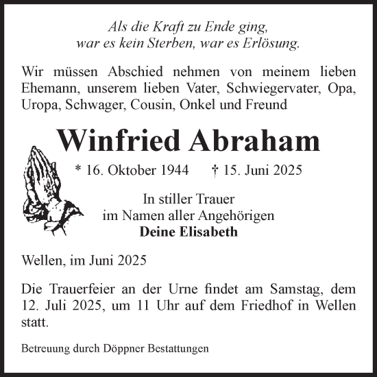 Traueranzeige von Winfried Abraham von Volksstimme Magdeburg