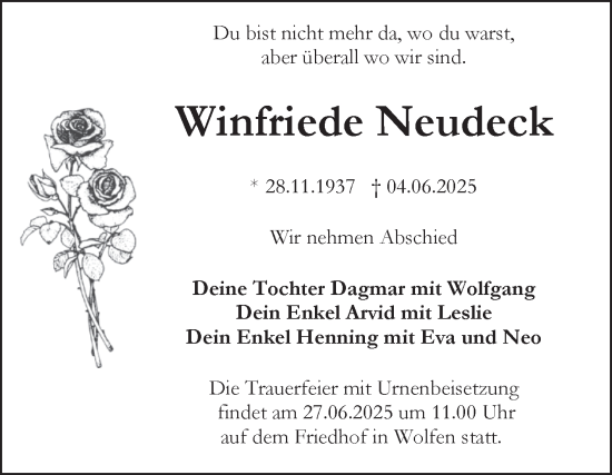 Traueranzeige von Winfriede Neudeck von Trauerkombi Bitterfeld