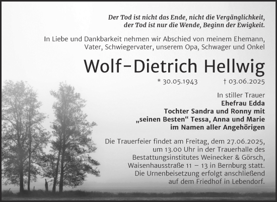 Traueranzeige von Wolf-Dietrich Hellwig von Trauerkombi Bernburg