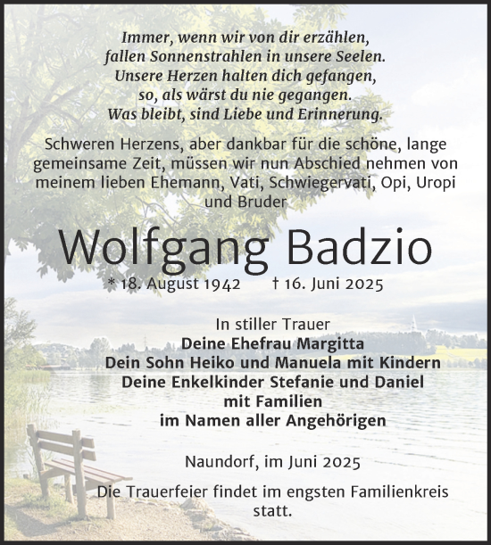 Traueranzeige von Wolfgang Badzio von Trauerkombi Weißenfels