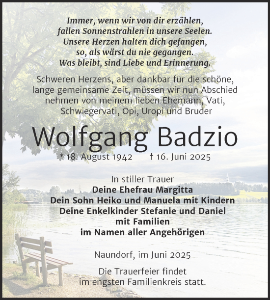 Traueranzeige von Wolfgang Badzio von Trauerkombi Zeitz