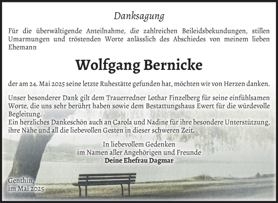 Traueranzeige von Wolfgang Bernicke von Volksstimme Burg/Genthin