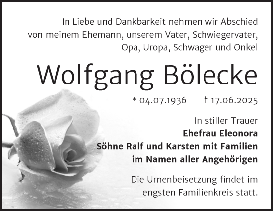 Traueranzeige von Wolfgang Bölecke von Trauerkombi Bernburg