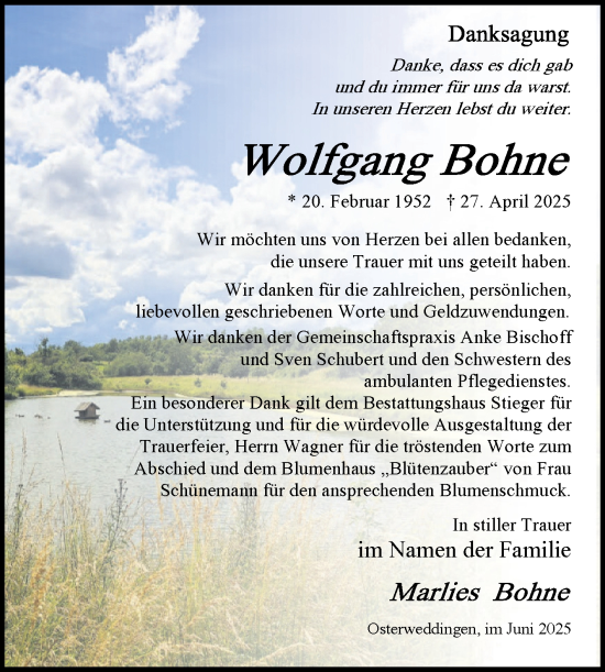 Traueranzeige von Wolfgang Bohne von Volksstimme Oschersleben/Wanzleben