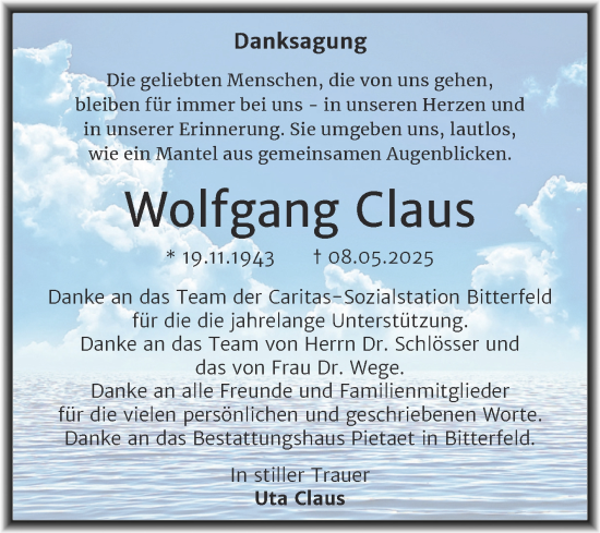 Traueranzeige von Wolfgang Claus von Trauerkombi Bitterfeld