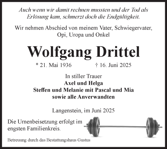 Traueranzeige von Wolfgang Drittel von Volksstimme Halberstadt
