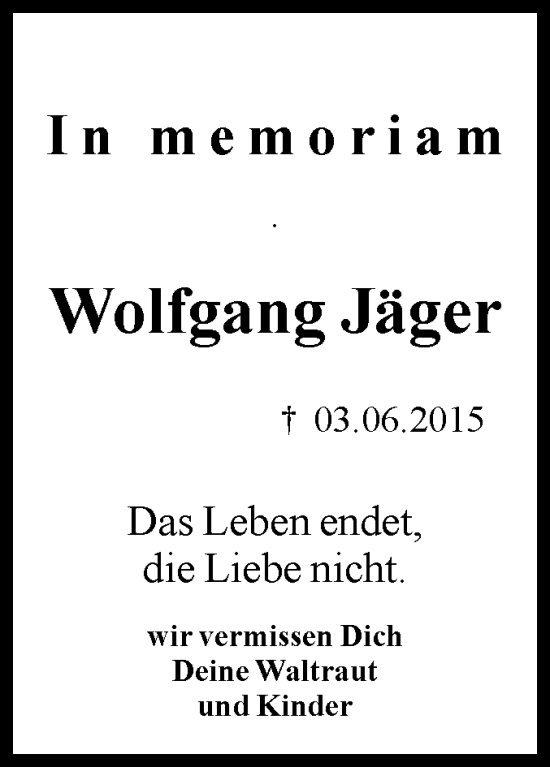 Traueranzeige von Wolfgang Jäger von Volksstimme Halberstadt