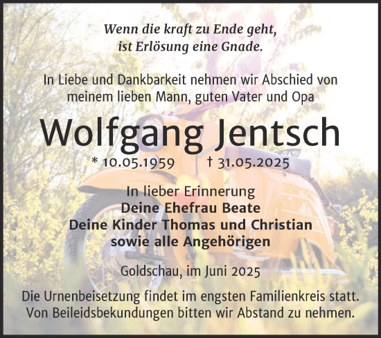 Traueranzeige von Wolfgang Jentsch von Trauerkombi Zeitz