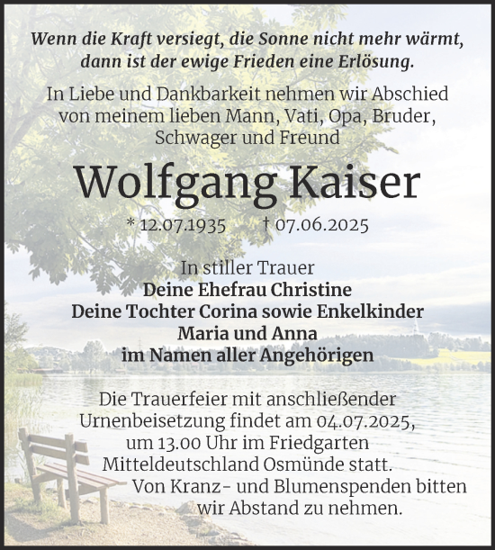 Traueranzeige von Wolfgang Kaiser von Mitteldeutsche Zeitung Halle/Saalkreis