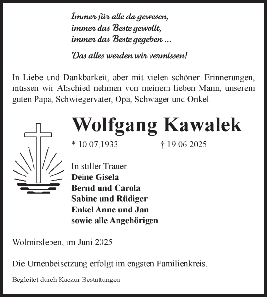 Traueranzeige von Wolfgang Kawalek von Volksstimme Staßfurt
