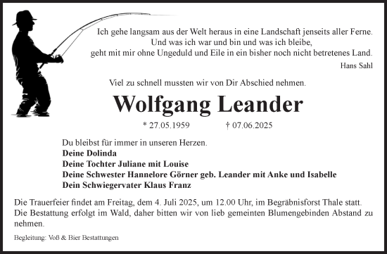 Traueranzeige von Wolfgang Leander von Volksstimme Wernigerode