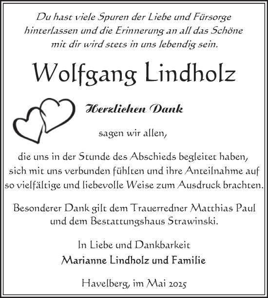 Traueranzeige von Wolfgang Lindholz von Volksstimme Altmark Ost
