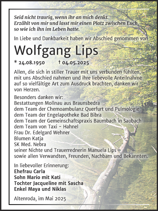 Traueranzeige von Wolfgang Lips von Super Sonntag Naumburg/Nebra