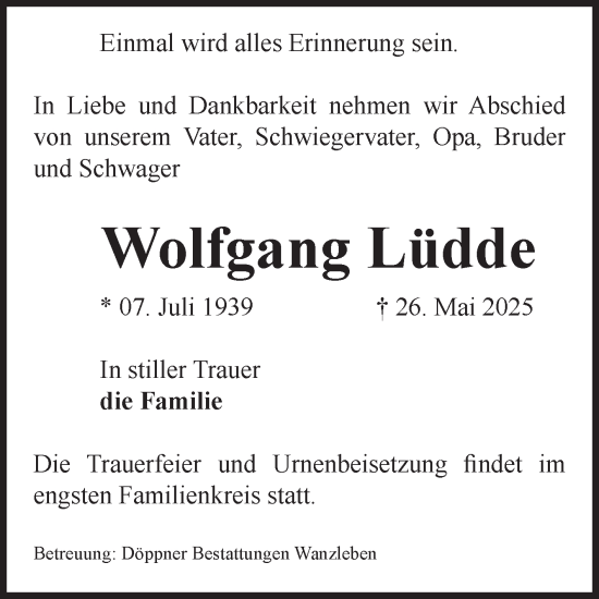 Traueranzeige von Wolfgang Lüdde von Volksstimme Oschersleben/Wanzleben