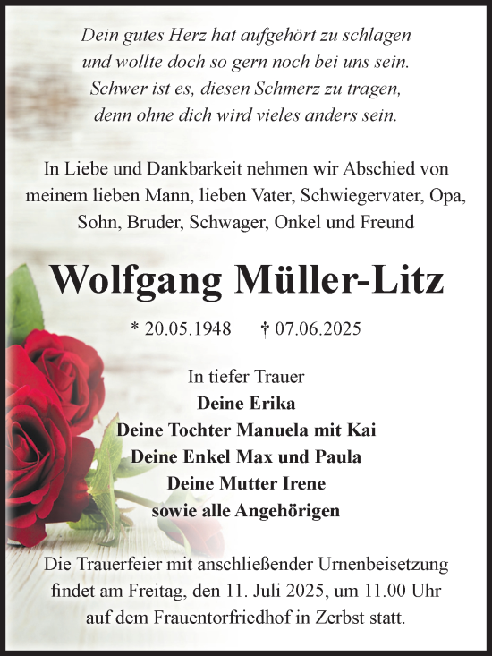 Traueranzeige von Wolfgang Müller-Litz von Volksstimme Zerbst
