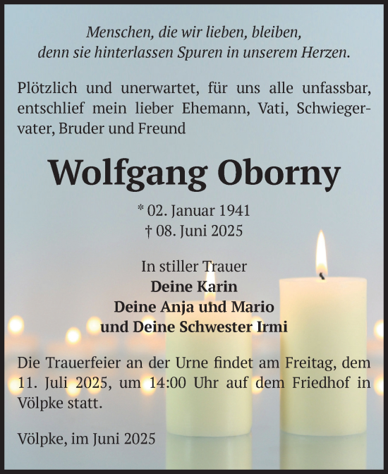 Traueranzeige von Wolfgang Oborny von Volksstimme Oschersleben/Wanzleben