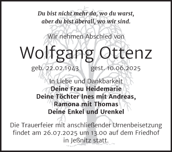 Traueranzeige von Wolfgang Ottenz von Trauerkombi Bitterfeld