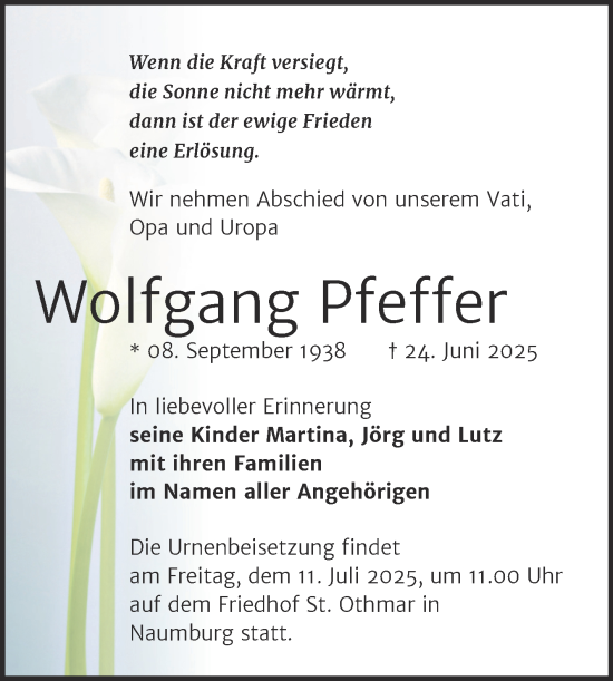 Traueranzeige von Wolfgang Pfeffer von Naumburger Tageblatt
