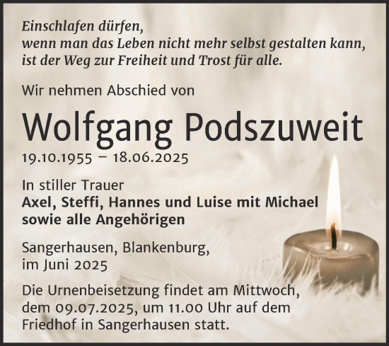 Traueranzeige von Wolfgang Podszuweit von Trauerkombi Sangerhausen