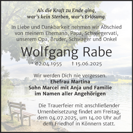 Traueranzeige von Wolfgang Rabe von Trauerkombi Bernburg