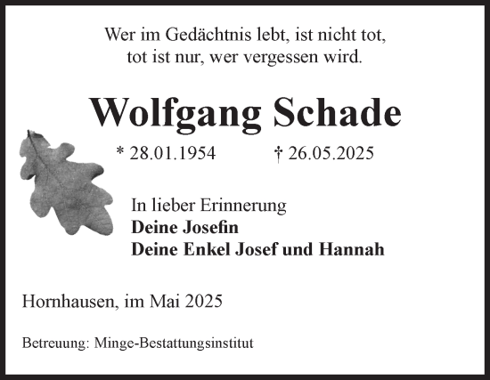 Traueranzeige von Wolfgang Schade von Volksstimme Oschersleben/Wanzleben