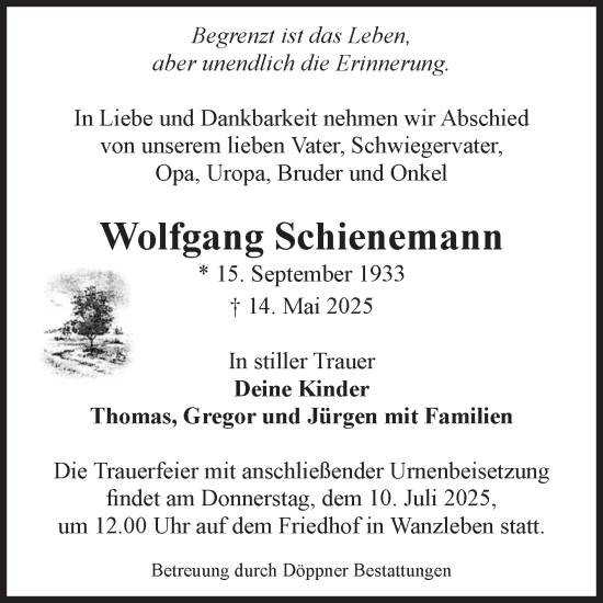 Traueranzeige von Wolfgang Schienemann von Volksstimme Magdeburg