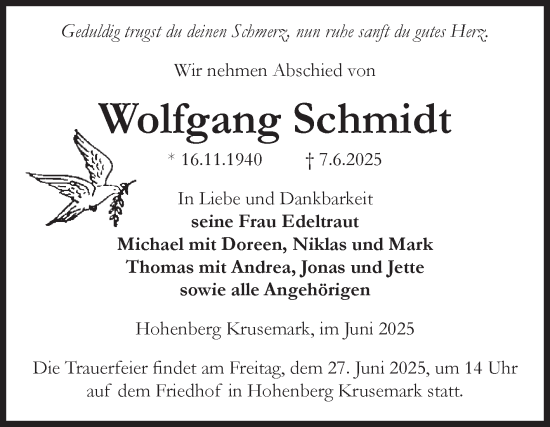 Traueranzeige von Wolfgang Schmidt von Volksstimme Altmark Ost